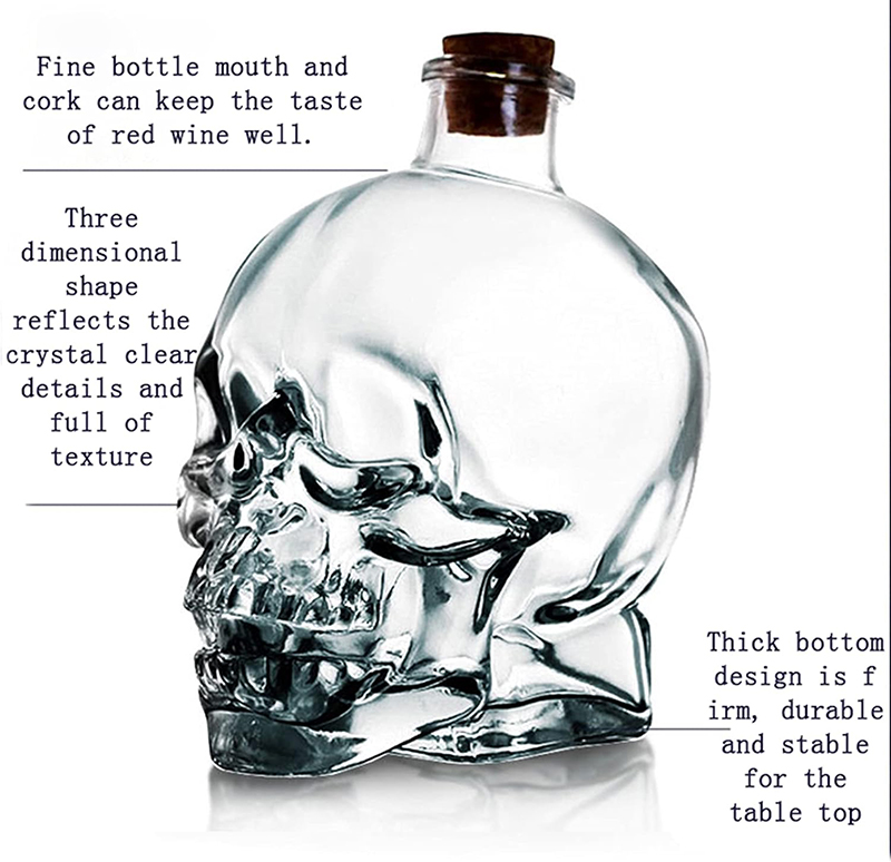 Totenkopf-Dekanter, bleifreie 3D-Totenkopf-Flasche aus Glaskristall mit Korkstopfen, Totenkopf-Einmachglas für Wodka