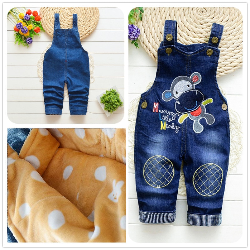 plus fluwelen dikke baby baby kinderen cartoon effen kleur bib jeans jeans baby broek 12M-4 jaar oud