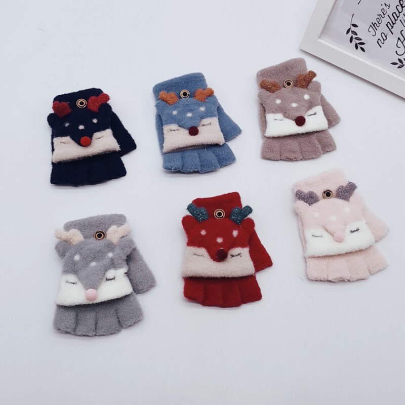 63-7T niños bebé invierno hermosa dibujos animados versátil algodón medio dedo guantes