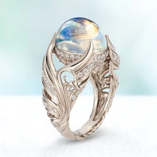 Anillos De Compromiso Vintage coloridos para mujer, sortija de corte Circular grande con alas de Ángel, piedra lunar, joyería para mujer: 10