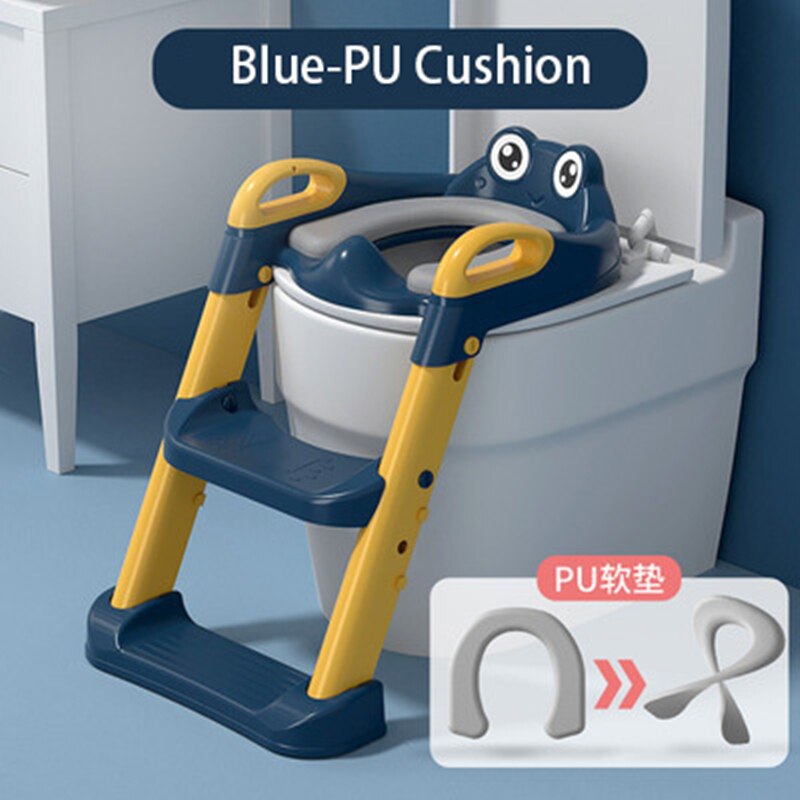 Folding Baby Potty Training Seat Adjustable Ladder Portable Urinal Infant Kids Toilet Training Chair With PU Cushion Step Stool: Blue PU Seat