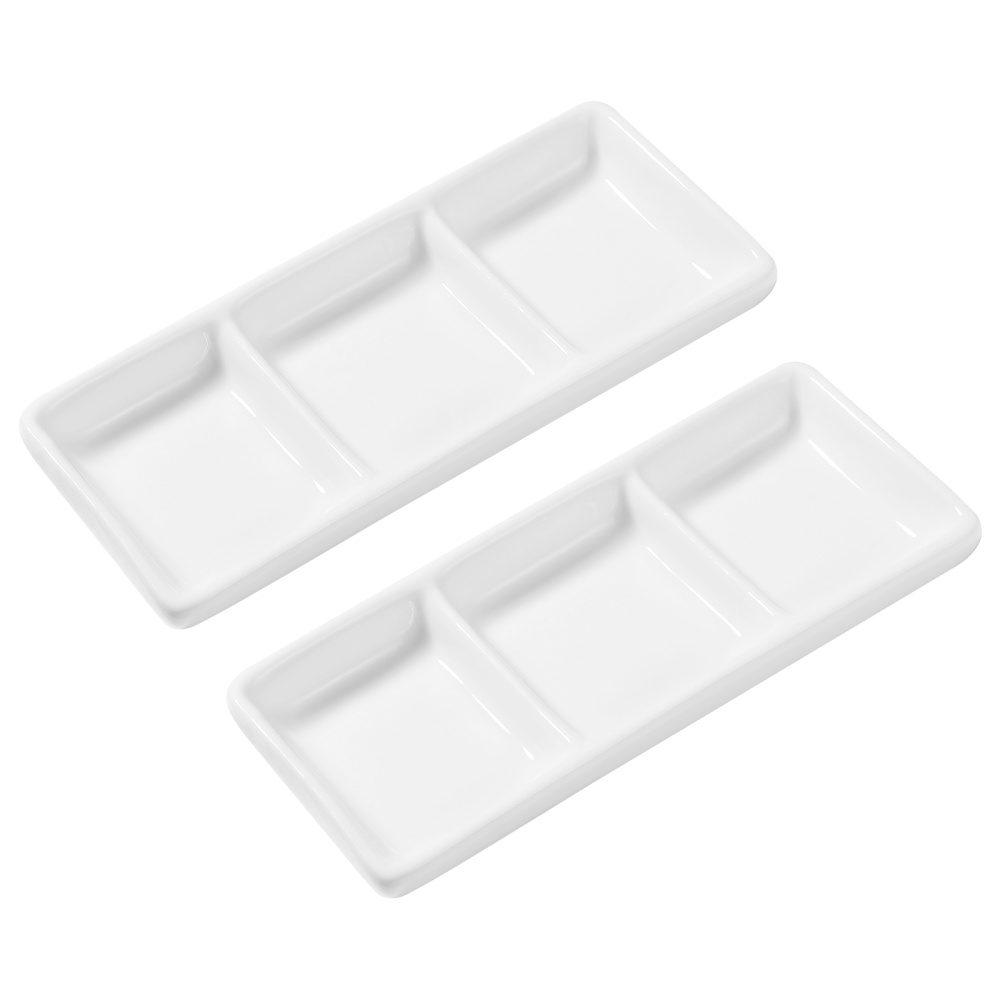 2pcs 6 Inch Ceramic 3-Compartment Appetizer Serving Tray Rectangular Divided Sauce Dishes Vinegar Seasoning Plate Kitchen Tools: Default Title