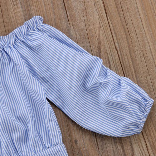 Toddler Baby Kid Girls Blue White Striped Long Sleeves Blouses Tops Off Shoulder Summer Girls shirts