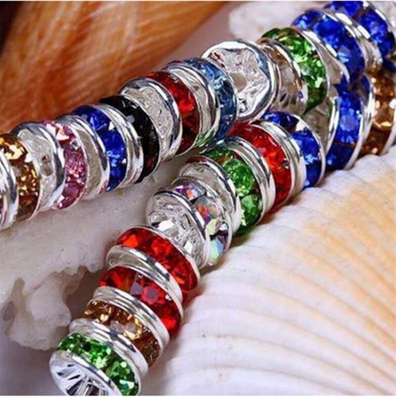 50pcs 6MM Metal Silver Plated Crystal Rhinestone Rondelle Spacer Beads 13 Colors For Choose DIY