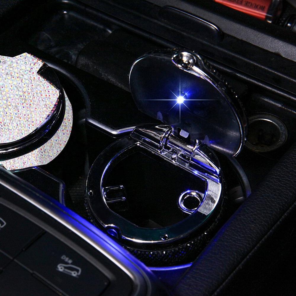 Bling bling rhinestones bærbar bil askebeger med lett krystall diamant ledet bil aske brett askebeger oppbevaring kopp