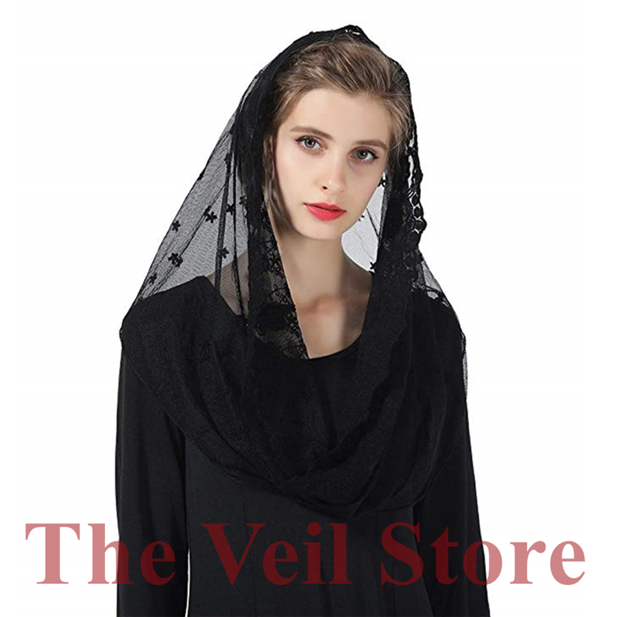ISHSY mujeres bordado tul Mantilla de encaje capilla Velo para la Iglesia cubierta de cabeza de Latina Velo para misa Mantilla Velo de Novia Mantille