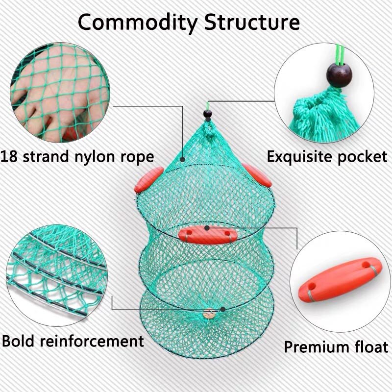 Folding Round Fish Care Drift Net Metal Frame Nylon Mesh Fishing Net 3 Layers+3 Floating Fish Care Drift Net Diameter 40/45/50cm