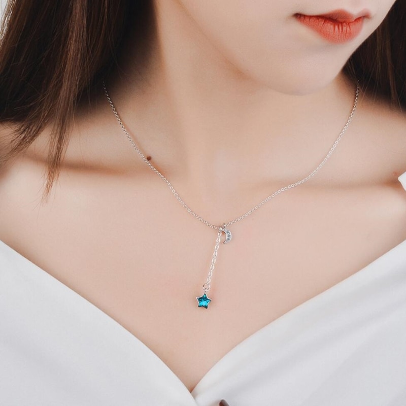 Blue Stars Moon Simple Sweet Fresh 925 Sterling Silver Clavicle Chain Literary Temperament Female Necklace SNE358