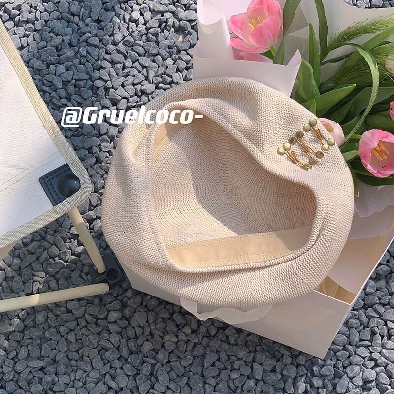 Kpop Linen Braid Beret Hat For Ladies Straps Studs Thin Breathable Casquette Trend Summer Vacation Boina Caps Painter Gorras: beige copper buckle