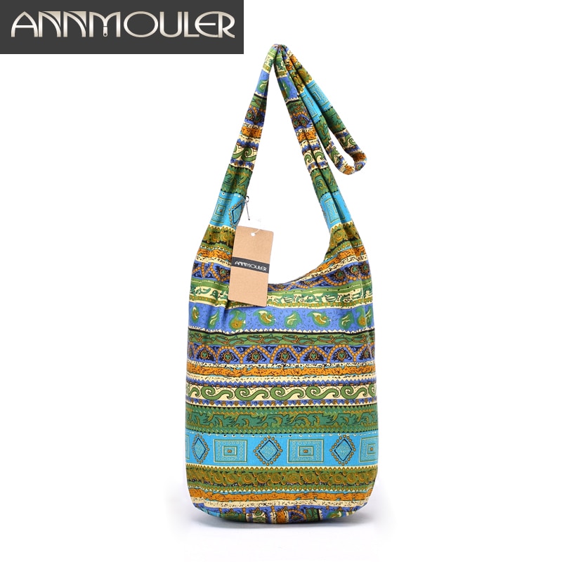 Annmouler Donne di Grande Capacità Sacchetto di Cotone Morbido Sacchetto di Spalla Vintage Tribal Hobo Bag Verde Sling Bag Petto per le Signore