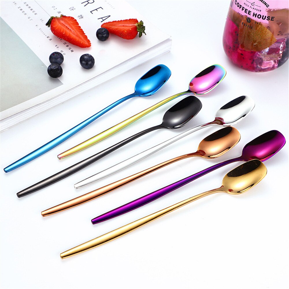 Square Head Round Korean 201 Stainless Steel Pointed Spoon Titanium Plated 7 Colorful Long Stirring Coffee Spoon