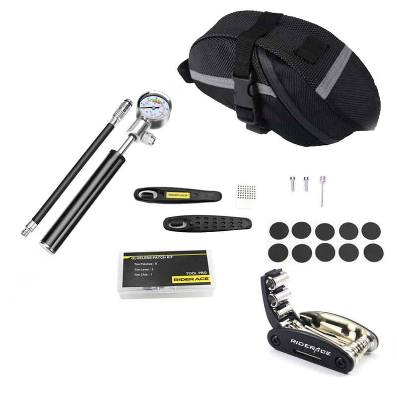 Bicycle Tire Repair Tools Kits Hand Air Pump Hose Universal Cycling Bike Saddle Bag Presta Schrader Inner Tire Patches Lever Set: BAG UPGRADED