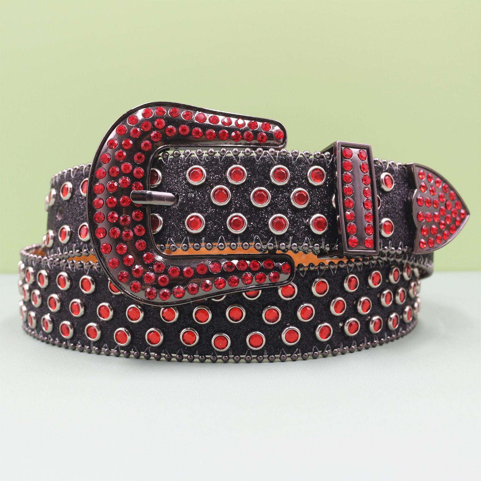 Ceinture en jean pour hommes et femmes, grande taille, en Denim occidental, à rivets brillants, en cuir, Style HipHop Punk Rock Y2K: Marron / 115 CM