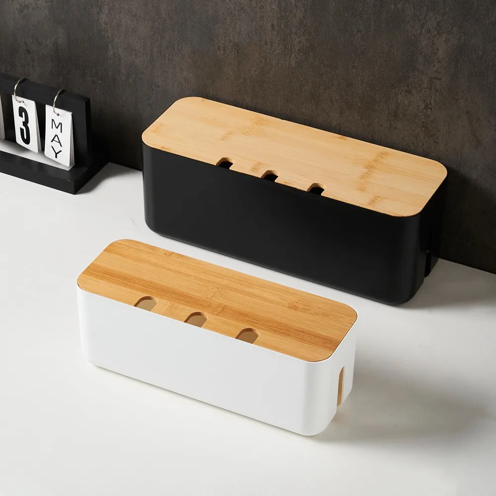 Caja de gestión de cables, cubierta de bambú, tablero de conexiones de cables, caja de almacenamiento, ocultar cables, reglas, escritorio, caja organizadora de cables para ordenador