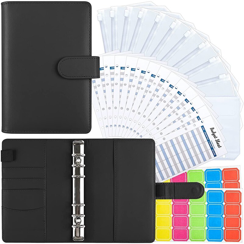 A6 Pu Lederen Bindmiddel Cover Met Bindmiddel Zakken, Kosten Budget Lakens En Labels Voor Budget Organizer Enveloppen: Black