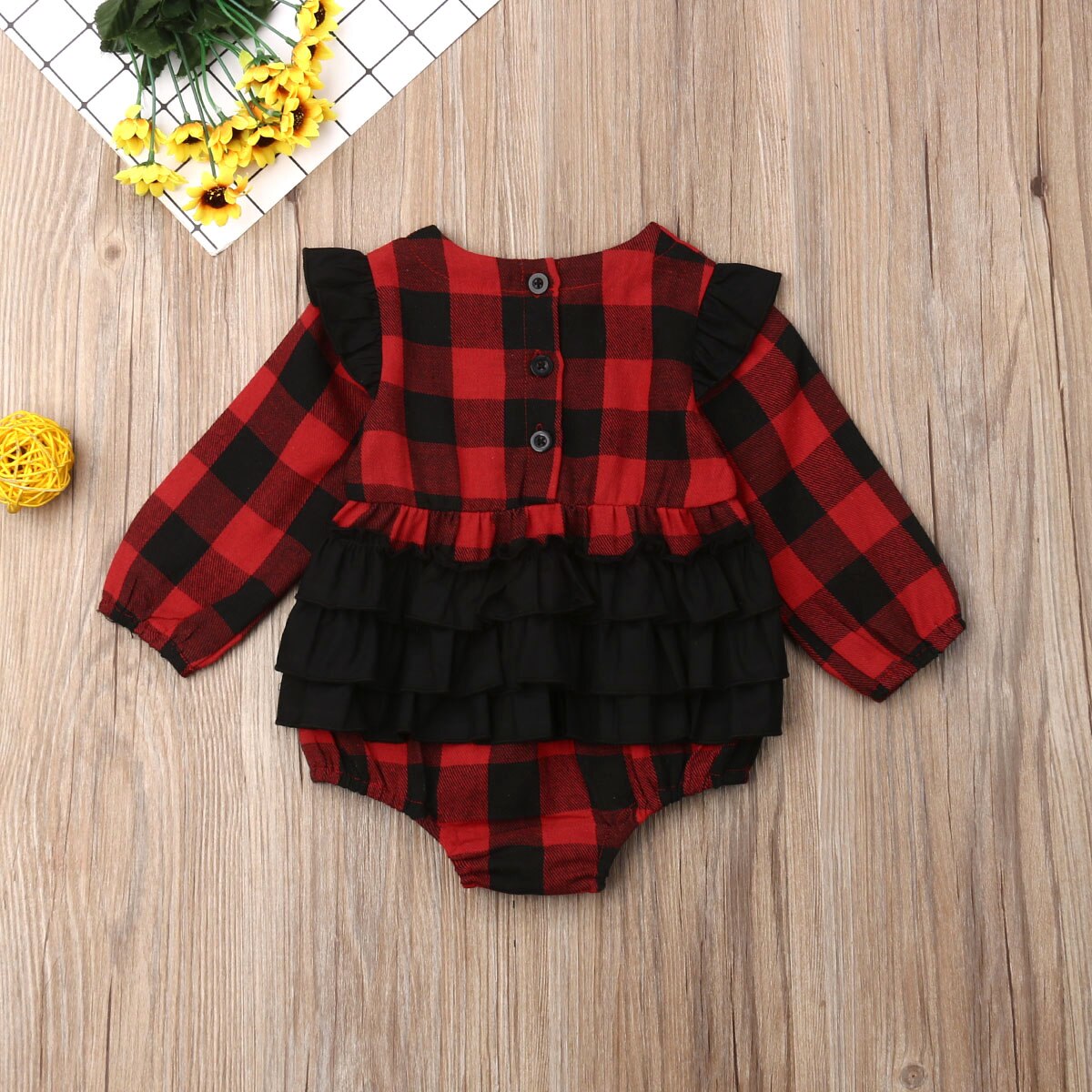Xmas Toddler Baby Girl Boys Plaid Bodysuits Clothes Long Sleeve Ruffles Christmas Jumpsuit Outfit 0-18M