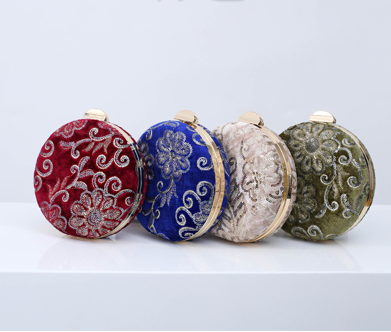 Velour Round Shape Evening Bags Clutch Bag With Chain Small Handbags Wedding Banquet Embroidered Flower Clutches Purse Retro