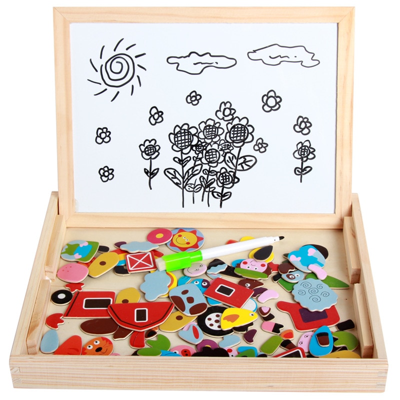 15 Style Wooden Magnetic Puzzle Double-Sided Drawing Board Farm/Animals/Vehicle/Circus Puzzle Toys for Children With Box