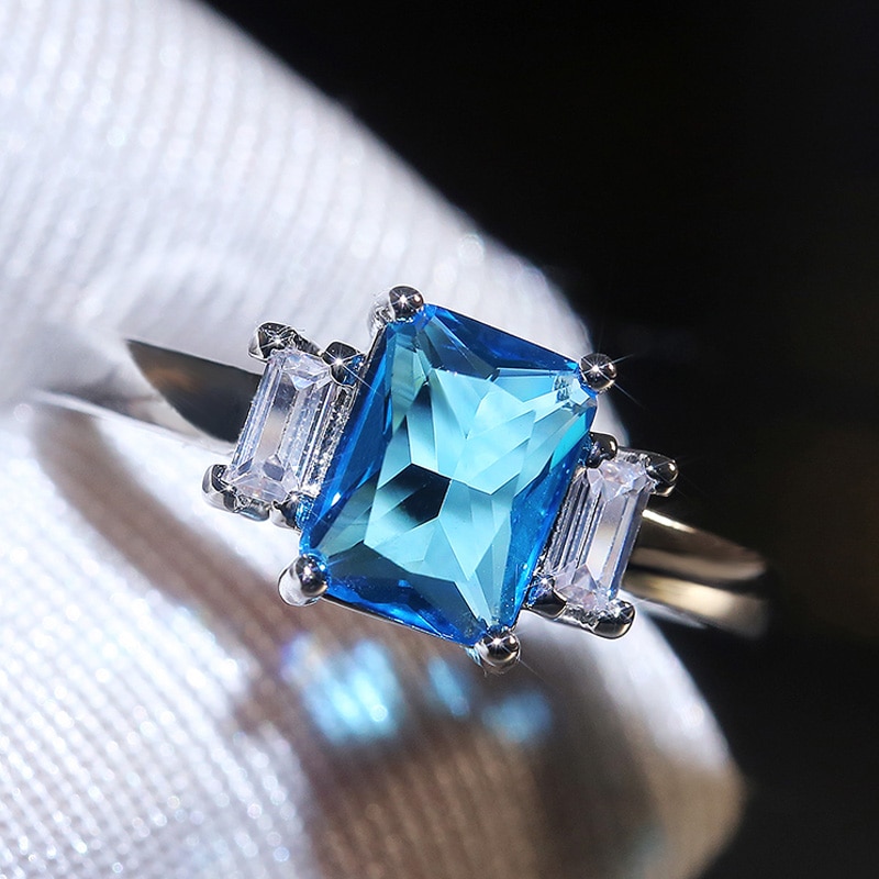 Huitan Luxury Sky Blue Square Zirconia Finger Rings for Women Wedding Jewelry Birthday Presents Factory Direct Selling Rings: 9