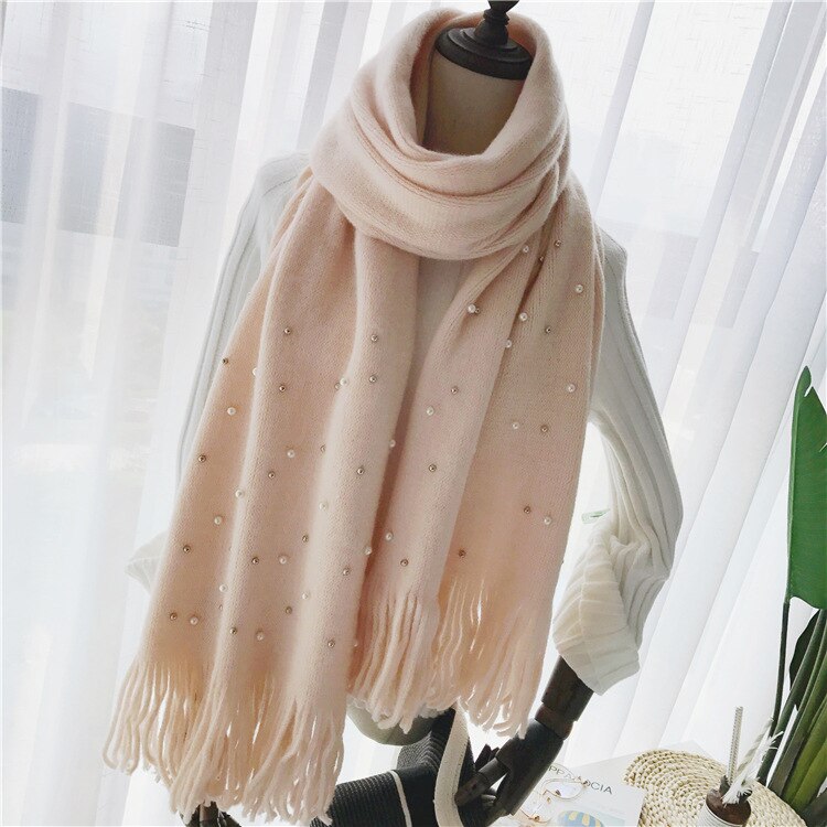 Bufanda tejida cálida de invierno para mujer de de Luna y Delfín, bufandas suaves con cuentas de perlas y perlas, bufanda de lana con borlas, manta Pashmina grande: light pink
