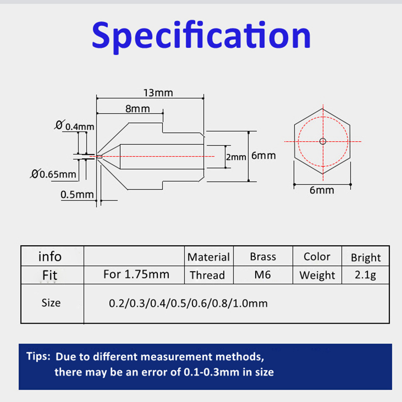 5szt MK8 Dysza 0.2mm 0.4mm 0.5mm 0.6mm 0.8mm 1.0mm Część robić drukarki 3D Wytłaczarka M6 Gwint Mosiężna Dysza 1.75mm 3mm włókno