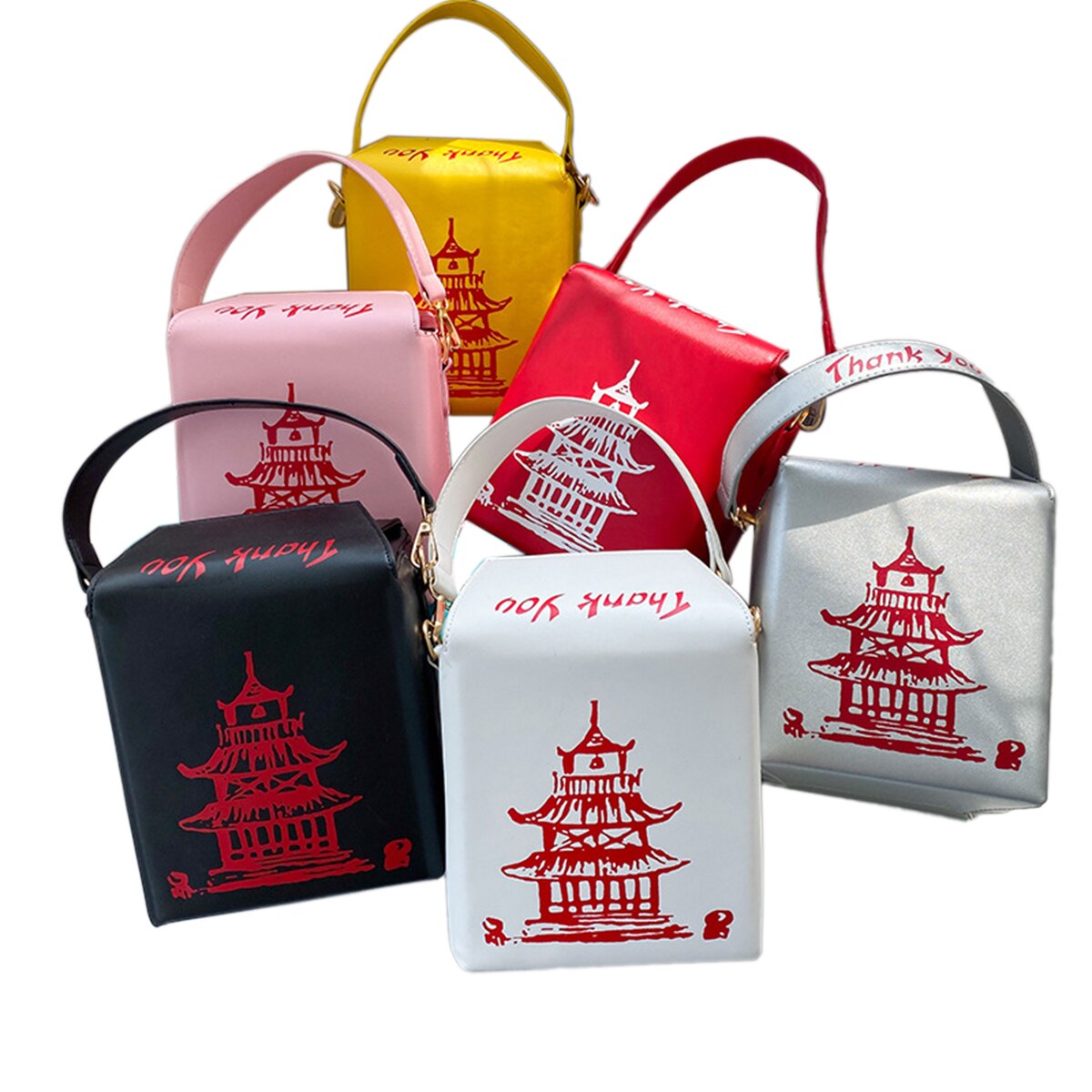 Women Ladies Creativity Leather Crossbody Bag Chinese Take-Out Box Shape Tower Print Shoulder Bag with Chain Strap