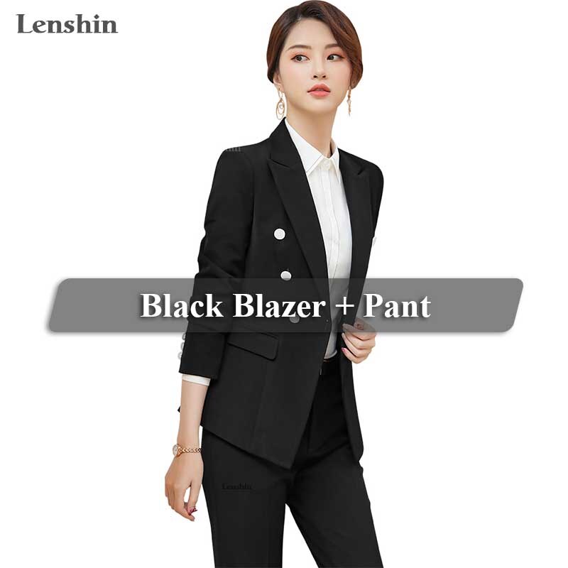 Lenshin 2 Piece Set Formal Pant Suit Blazer Office Lady Designs Women Soft Jacket and Ankle-Length Trousers: 2 Pieces Black Suit / XXL