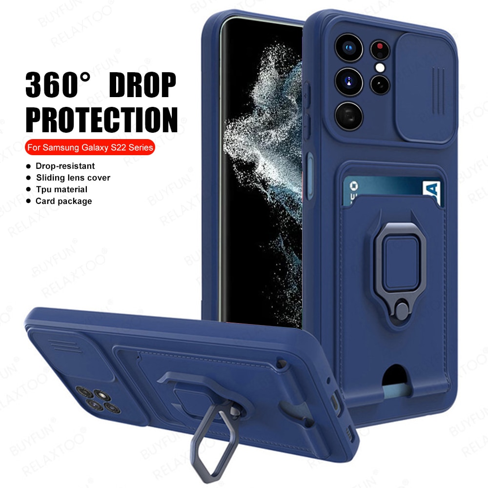 TPU Glissière Caméra Protéger Étui Pour Samsung Galaxy S 22 S22 Ultra Plus Portefeuille Carte Fente Couverture S22Ultra Anneau Magnétique Support De Coque