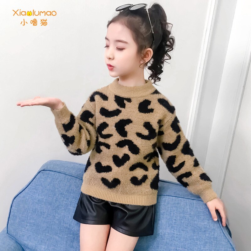 Warme trui voor meisjes luipaardprint trui voor kinderen 5-10t gebreide herfstkleding voor meisjes tieners lange mouwen trui