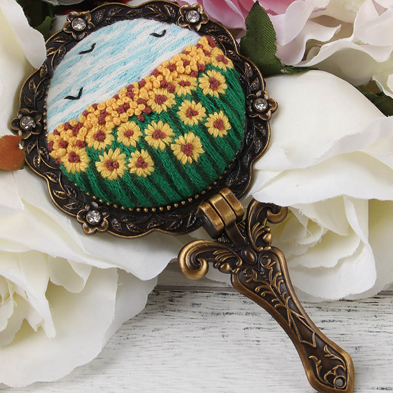 Kit de fleurs bricolage style paysage | Broderie, miroir de maquillage pliant, point de croix, pierreries, balançoire à la main, artisanal, décoration de maison