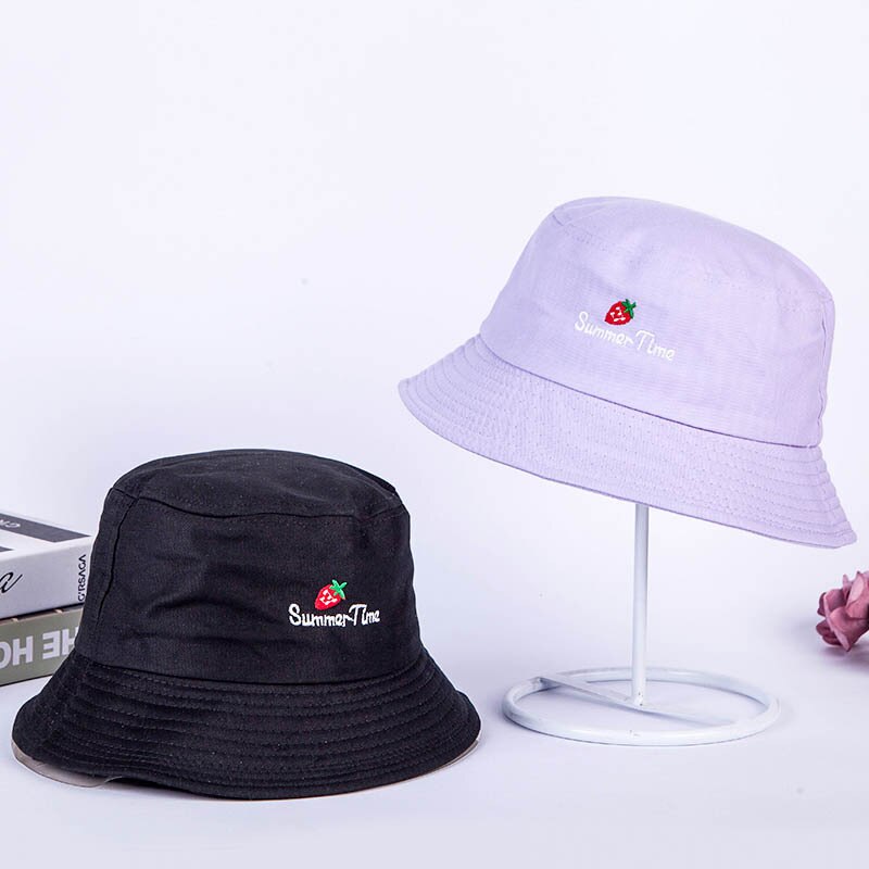 Bonito bordado de fresa con letras para chica, sombrero de pescador para mujer, y plegable, a la para actividades al aire libre, gorro de lavabo, gorro de sol, gorros