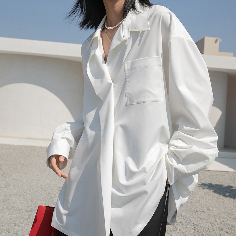 Chemises de styliste pour femmes, Style coréen, doux, Chic, ample, décontracté, irrégulier: WHITE / L