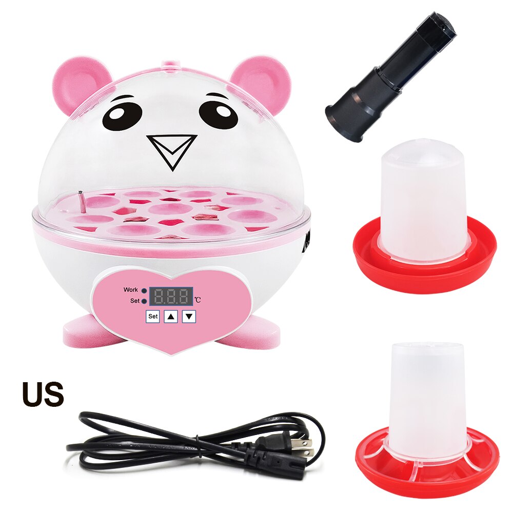 Cute Mini 9 Eggs Incubator Sets Incubation Brooder Egg Tester Chicken Duck Quail Birds Animal Egg Incubator Feeders: US PLUG-PINK