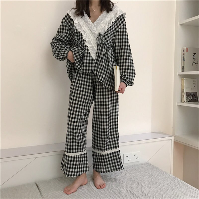 Heydress Women Sweet Sleepwear Loose Pajamas Suits Fresh Home Clothes Plaid Lace Gentle Three-piece Suits Chic Vintage