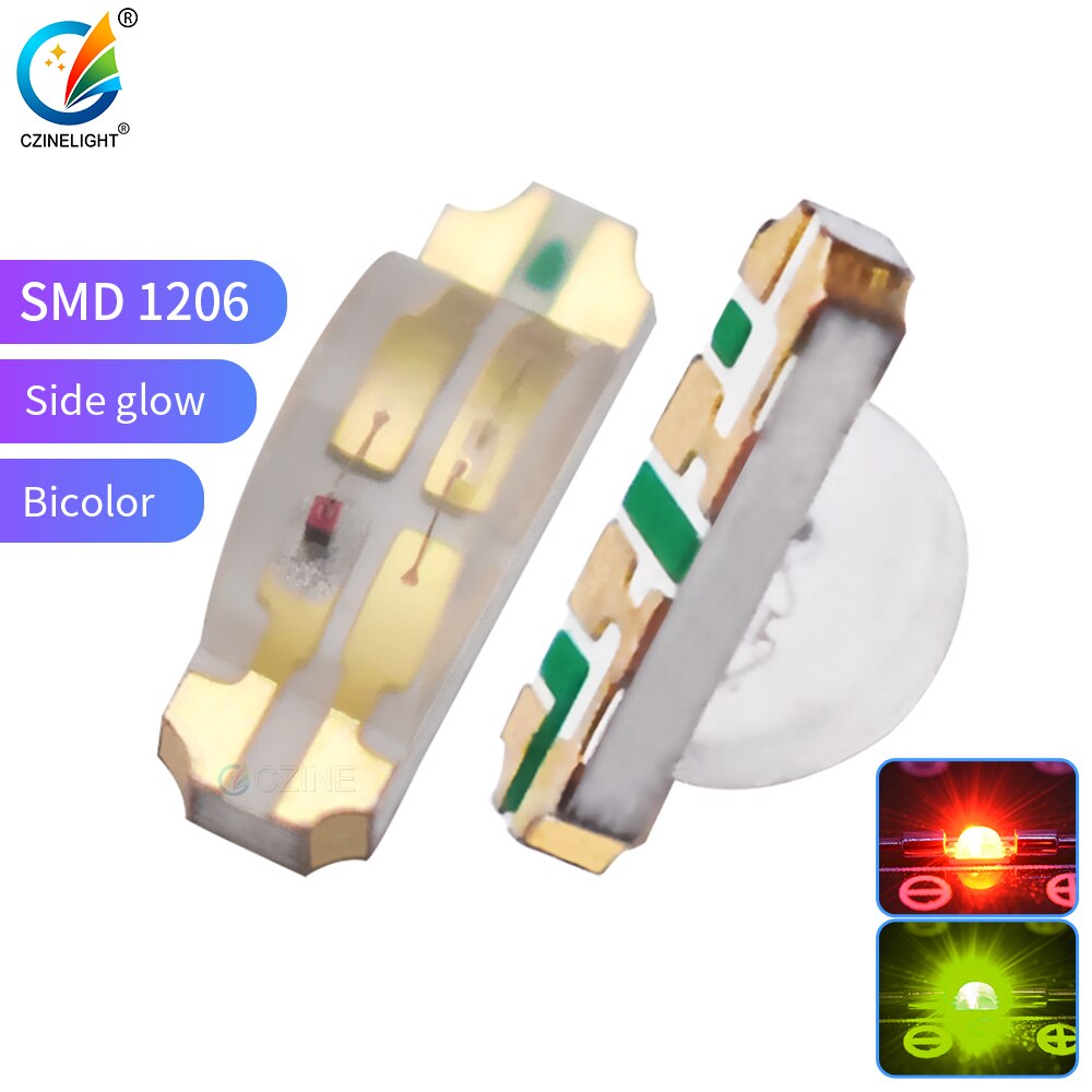 1000 Stks/zak Czinelight 1204 1206 Side Smd Led Rood Groen Bicolor Side Emitting Led Hoge Helderheid 1206 Led Rood/yg