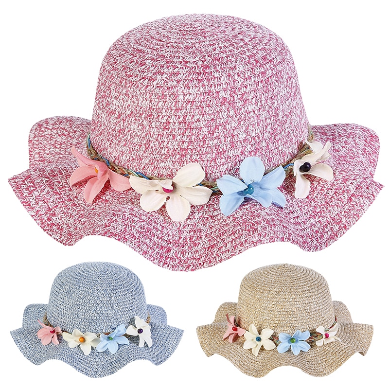 ¡Novedad de ! sombrero de paja para bebé de verano, sombreros transpirables con flores para niños, gorros para niños y niñas, gorra de volantes a los lados Floral de princesa