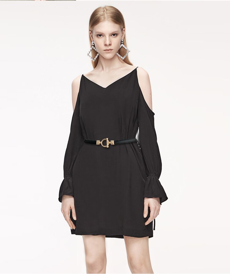 Cinturones de negro para mujer, cinturones finos ajustables de cuero de PU para mujer, círculo dorado con hebilla de aleación, vestido ceñido en la cintura cinturón de mujer