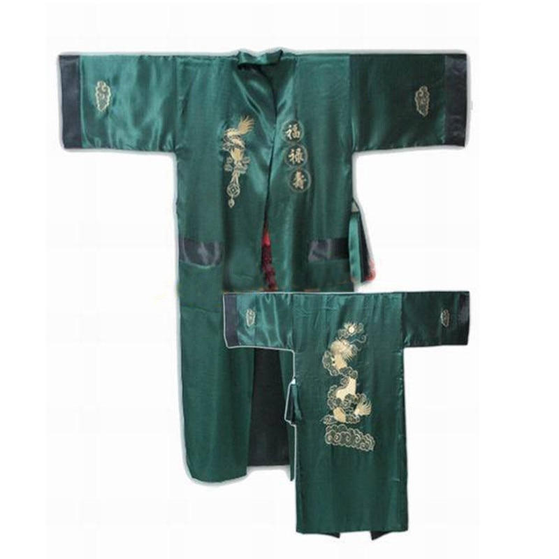 Burgunder svart vendbar kinesisk herre sateng silke #39 -ansikts kappe broderi kimono badekjole drage en størrelse  s3003