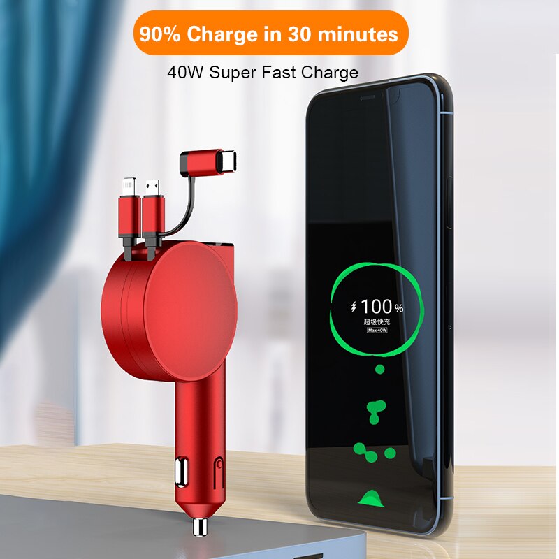 Drei-in-eins-autoladegerät mit zwei ausziehbaren kabeln 60w schnellladeadaptern und einem usb-c-anschluss für iphone und android.