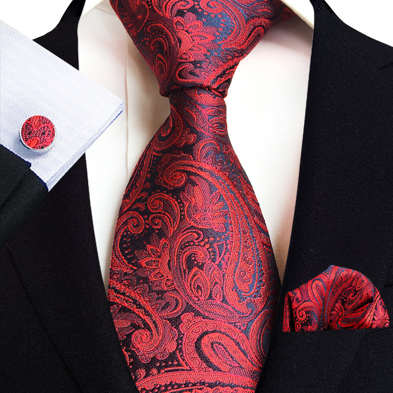 Gold Paisley Silk Ties For Men Luxury 8cm Royal Striped Necktie Pocket Square Cufflinks Set Jacquard Weave Tie Suit Accessories