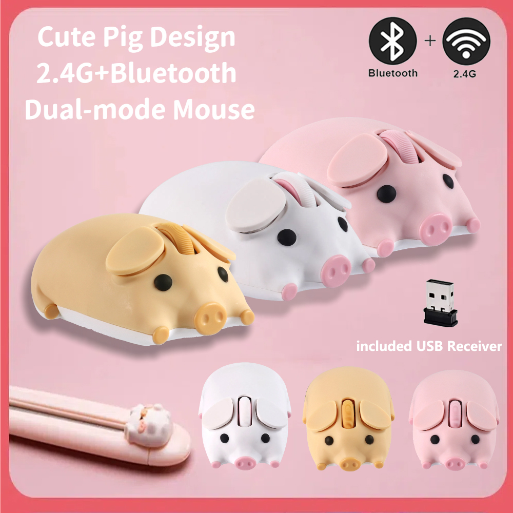 Dessin animé cochon souris d'ordinateur double 2.4G + Bluetooth mignon ergonomique souris optique jeu ordinateur portable PC universel pour fille