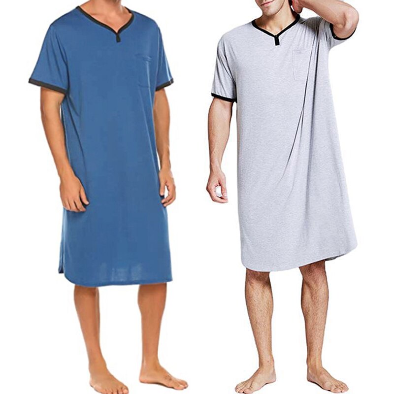 Mannen Pyjama Vintage Korte Mouw Katoen Gewaden V-hals Effen Kleur Nachtjapon Heren Badjassen Homewear M-3XL