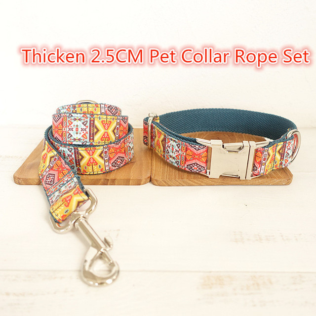 Colorful Printed Pet Dog Collar Leash Set Adjustable Cotton Training Lead Thicken 2.5mm Collar Leashes Kits 110-120cm: Orange / L