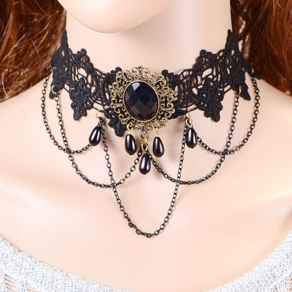 Classic Black Chain Vintage Gold Metal Bead Flower Pendant Gothic Lace Choker Necklace for Women Retro Statement Collar Jewelry