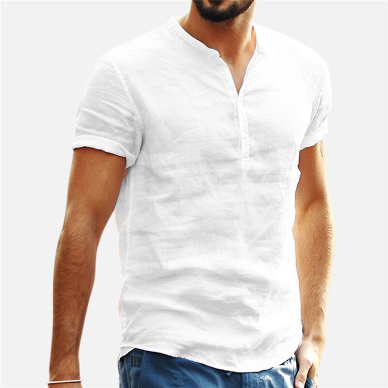 Camisas de lino de manga corta transpirables para hombre, camisas informales holgadas, camisas ajustadas de algodón sólido, Pullover, Tops, blusa: white / L