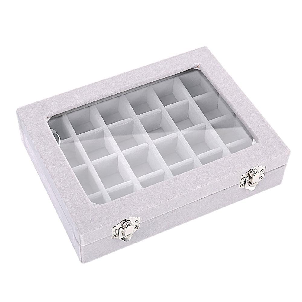 Earring Storage Case 24 Grids & 7 Slots Ring Velvet Display Case Box Ring Organizer Jewelry Tray Showcase Clear Glass Lid-Gray