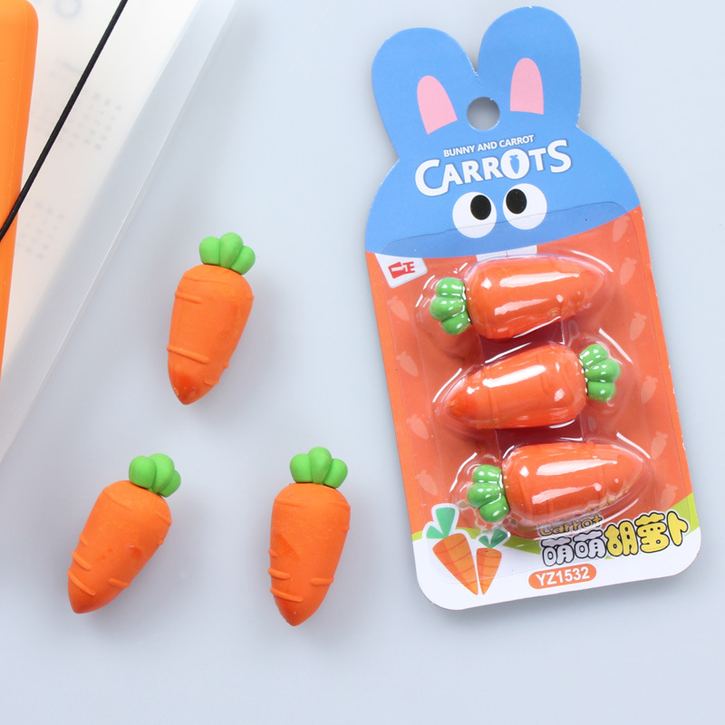 3pcs/pack Lovely Carrot Pencil Rubber Eraser Primary Student Promotional Kawaii Stationery School Supplies