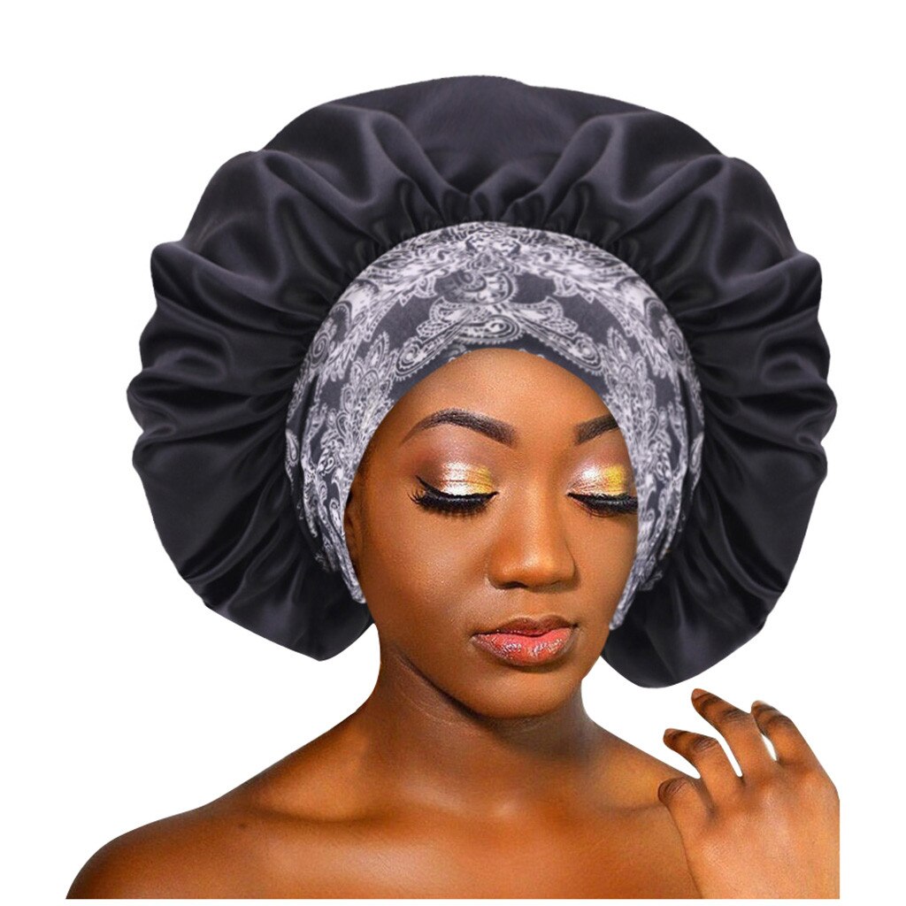 Reversible Satin Bonnet Double Layer Adjustable Size Sleep Night Cap Head Cover Bonnet Hat For For Curly Springy Hair Black: Black