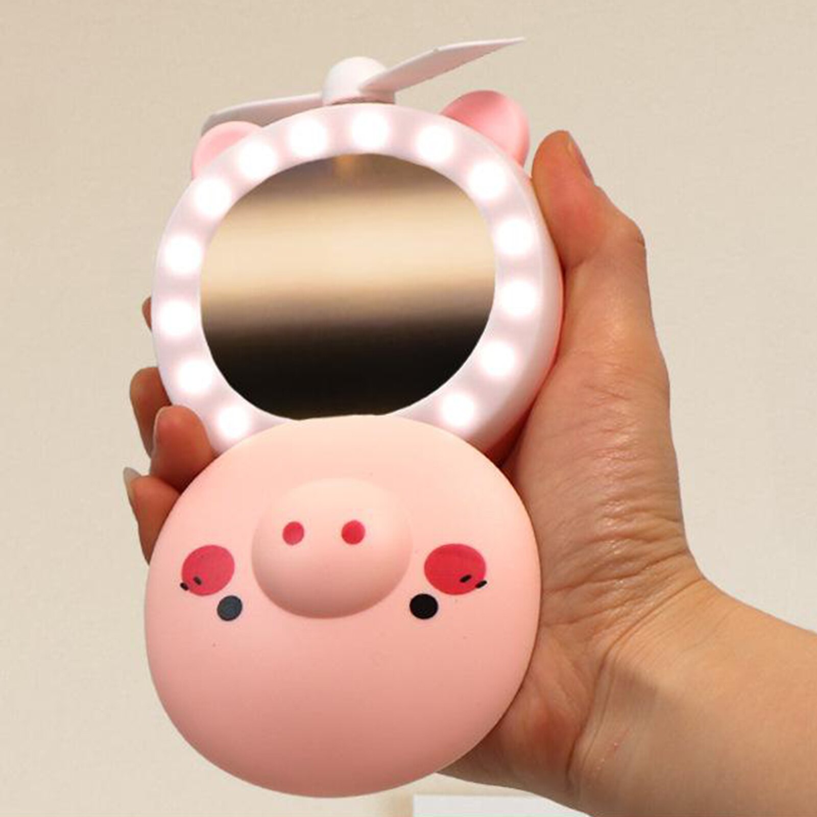 3in1 Cartoon Piggy Mini Cosmetische Spiegel Koelventilator Licht Handheld Usb Oplaadbare