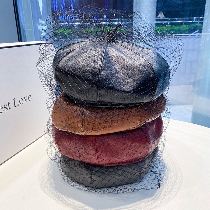 Chapéu de boina preto fascinante chique couro francês boina com véu malha mostrar dupla camada feminino beanies boné de moda para mulher